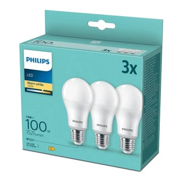 К-кт 3x LED Крушка Philips A60 E27/13W/230V 2700K