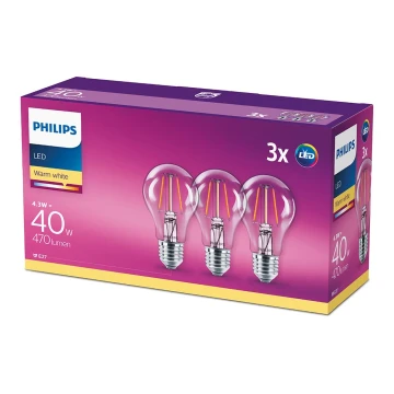 Комплект 3x LED крушка VINTAGE Philips E27/4,3W/230V 2700K