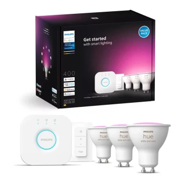 Основен комплект Philips Hue WHITE AND COLOR AMBIANCE 3xGU10/4,2W/230V 2000-6500K + устройство за свързване